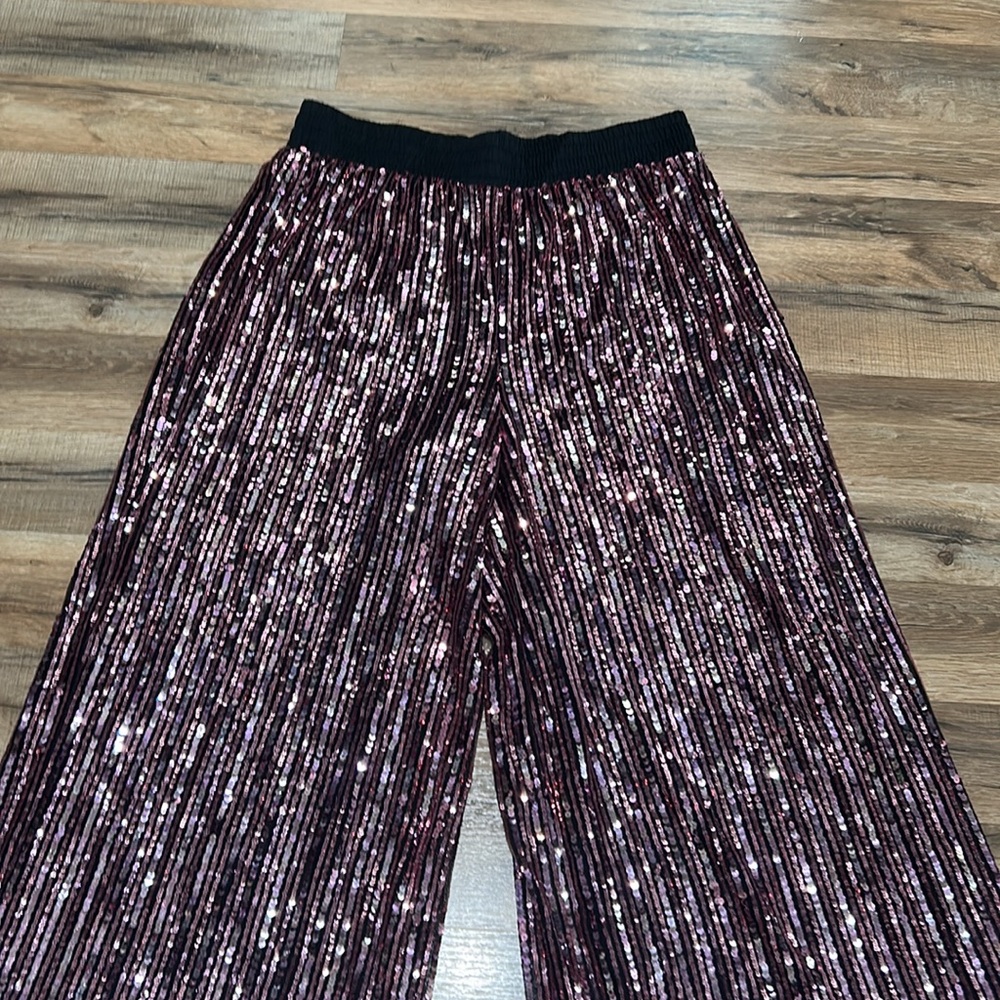 VICTORIA SECRET WOMEN SEQUIN WIDE LEG PANT PINK BLACK Sz LG - Picture 2 of 11